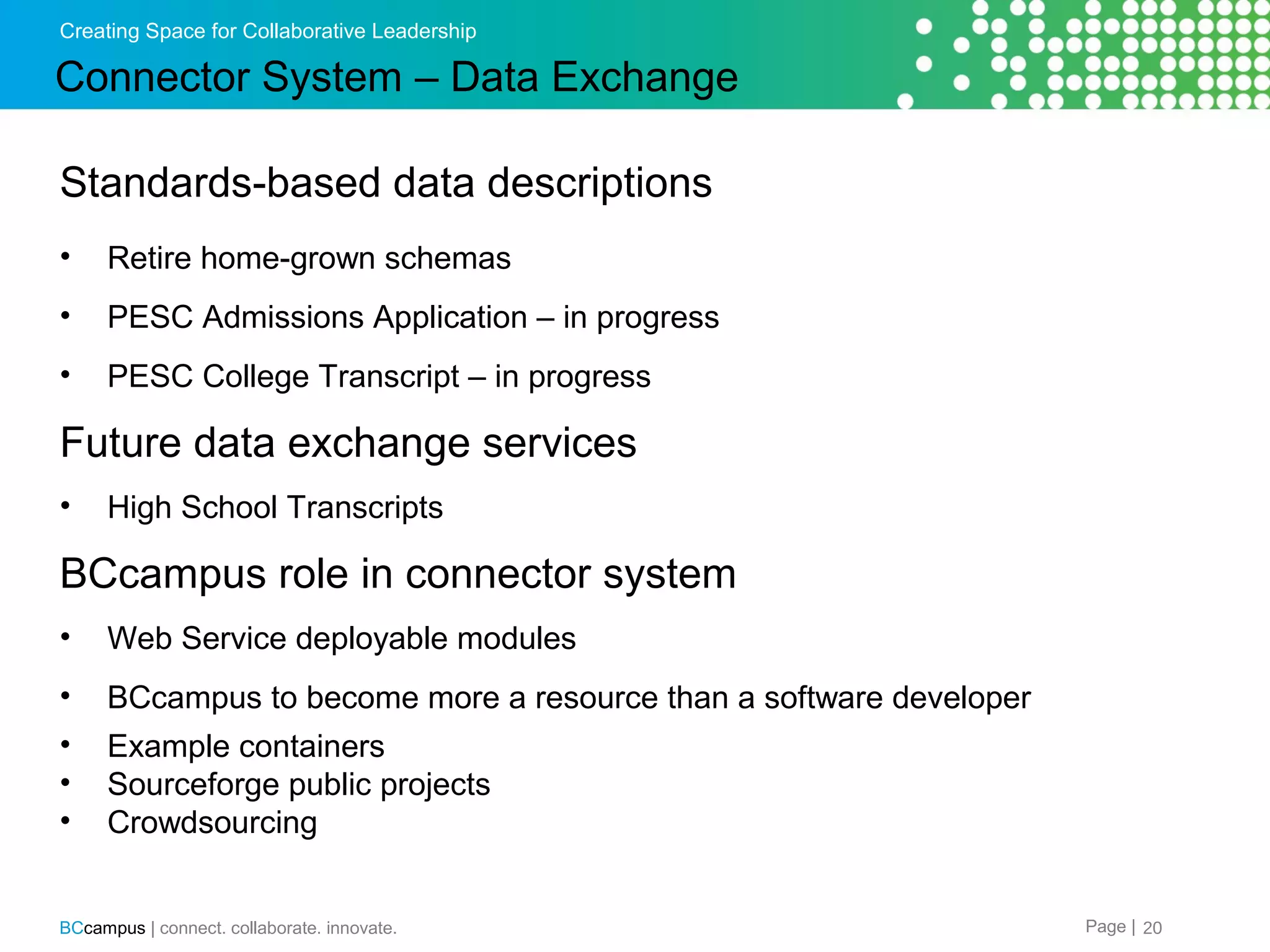 Creating Space for Collaborative Leadership

Connector System &ndash; Data Exchange
Standards-based data descriptions
&bull;

Retire home-grown schemas

&bull;

PESC Admissions Application &ndash; in progress

&bull;

PESC College Transcript &ndash; in progress

Future data exchange services
&bull;

High School Transcripts

BCcampus role in connector system
&bull;

Web Service deployable modules

&bull;

BCcampus to become more a resource than a software developer

&bull;
&bull;
&bull;

Example containers
Sourceforge public projects
Crowdsourcing

BCcampus | connect. collaborate. innovate.

Page | 20

 