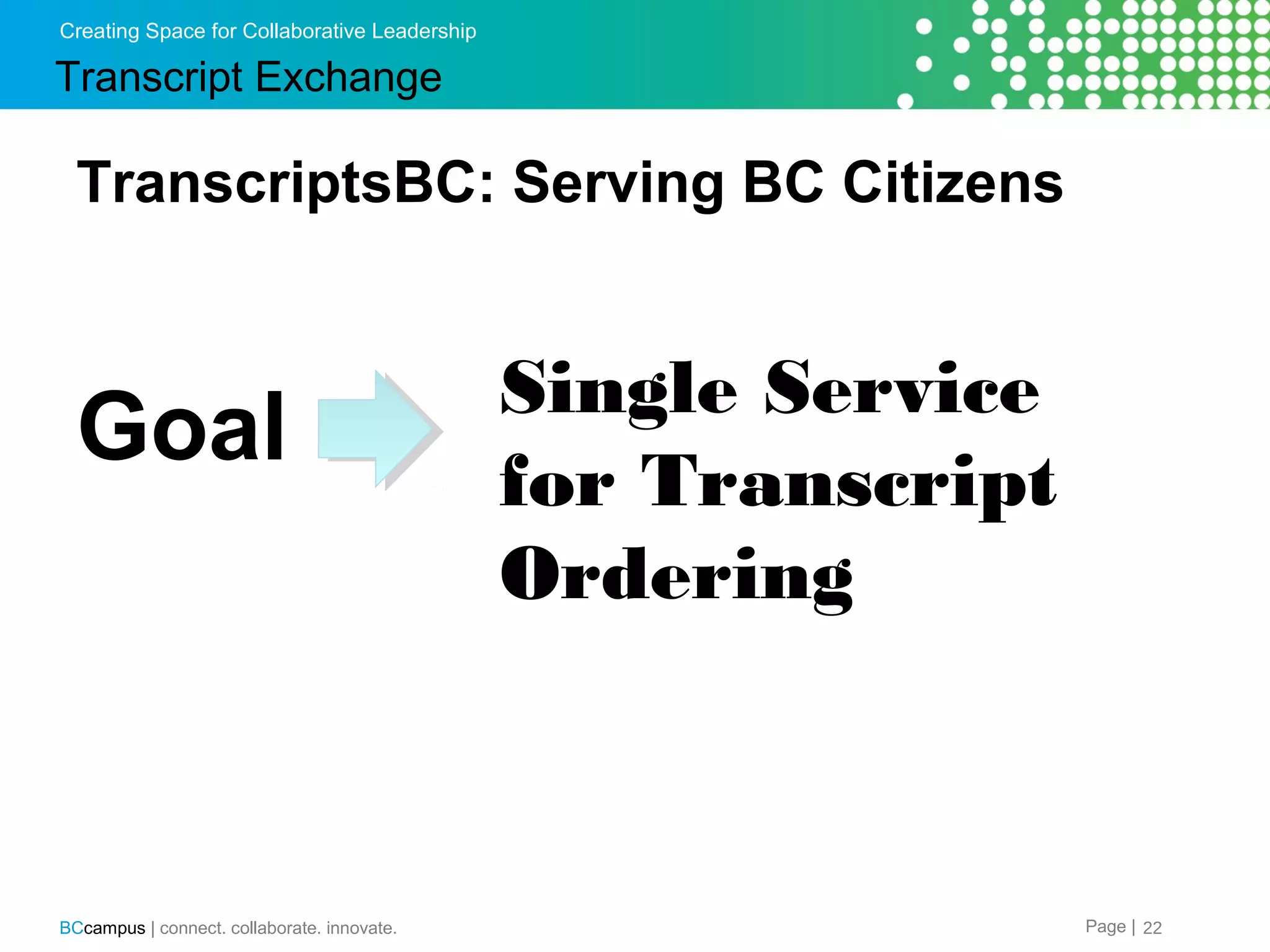 Creating Space for Collaborative Leadership

Transcript Exchange

TranscriptsBC: Serving BC Citizens

Goal

BCcampus | connect. collaborate. innovate.

Single Service
for Transcript
Ordering

Page | 22

 