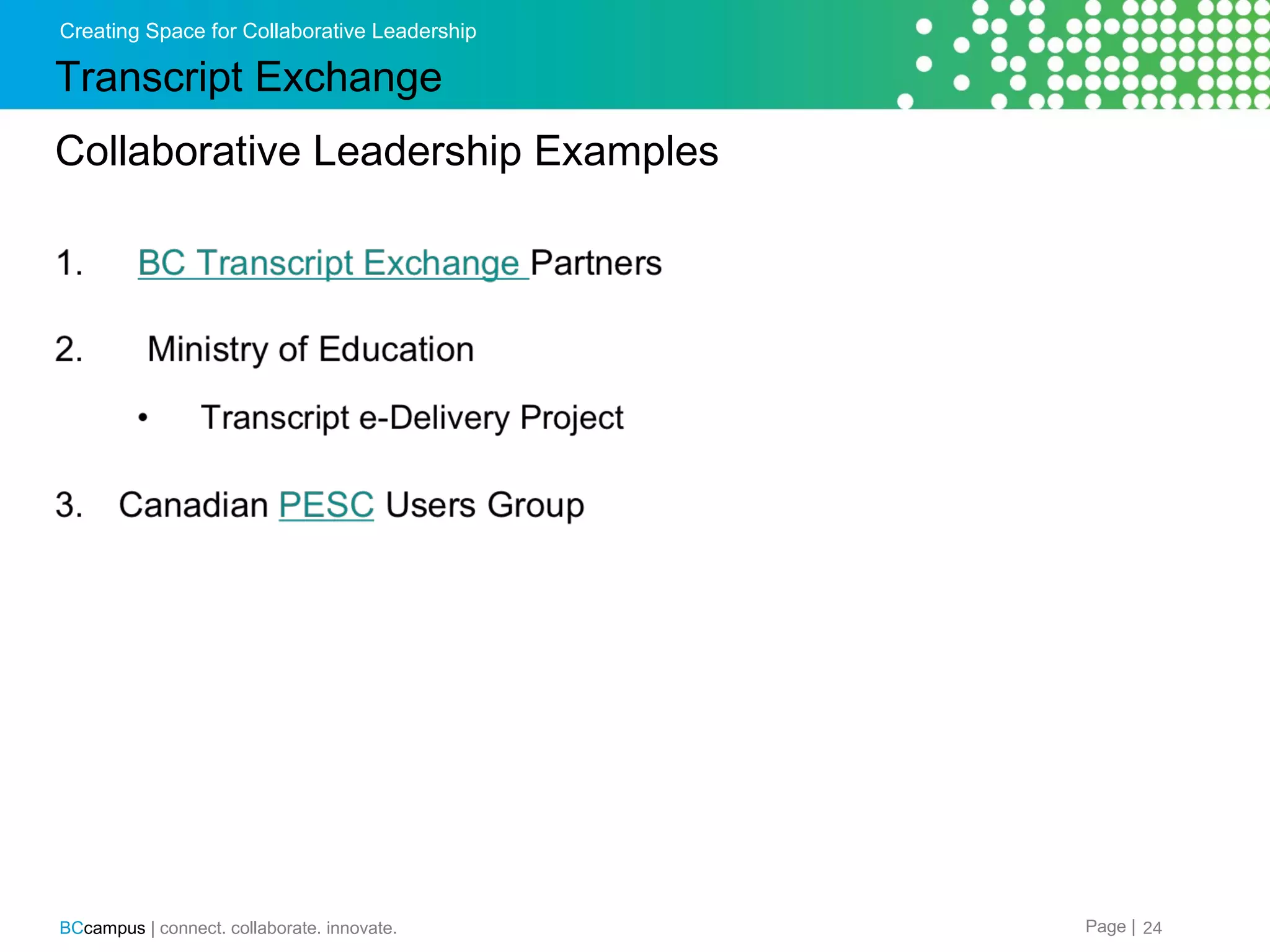 Creating Space for Collaborative Leadership

Transcript Exchange
Collaborative Leadership Examples

BCcampus | connect. collaborate. innovate.

Page | 24

 