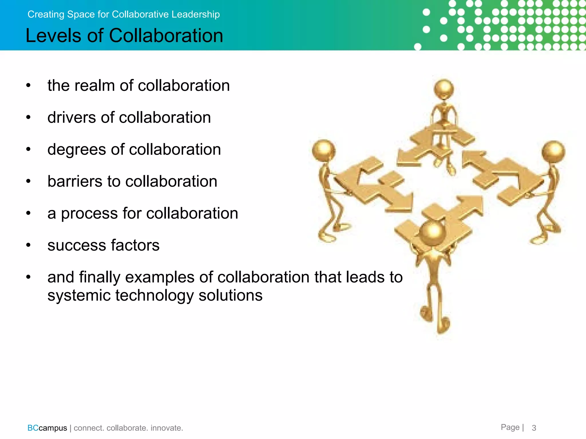 Creating Space for Collaborative Leadership

Levels of Collaboration
&bull;

the realm of collaboration

&bull;

drivers of collaboration

&bull;

degrees of collaboration

&bull;

barriers to collaboration

&bull;

a process for collaboration

&bull;

success factors

&bull;

and finally examples of collaboration that leads to
systemic technology solutions

BCcampus | connect. collaborate. innovate.

Page | 3

 
