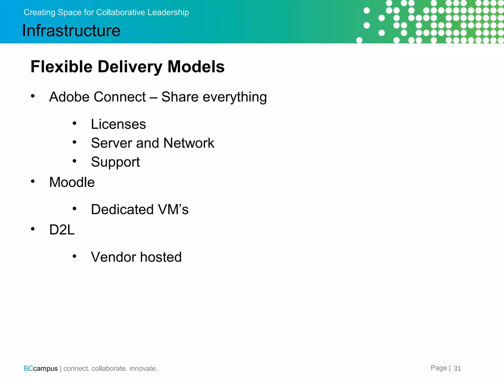Creating Space for Collaborative Leadership

Infrastructure
Flexible Delivery Models
&bull;

Adobe Connect &ndash; Share everything
&bull;
&bull;
&bull;

&bull;

Licenses
Server and Network
Support
Moodle
&bull;

&bull;

Dedicated VM&rsquo;s

D2L
&bull;

Vendor hosted

BCcampus | connect. collaborate. innovate.

Page | 31

 