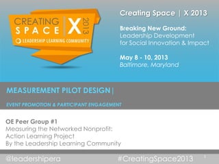Creating Space | X 2013

                                       Breaking New Ground:
                                       Leadership Development
                                       for Social Innovation & Impact

                                       May 8 - 10, 2013
                                       Baltimore, Maryland



MEASUREMENT PILOT DESIGN|
EVENT PROMOTION & PARTICIPANT ENGAGEMENT


OE Peer Group #1
Measuring the Networked Nonprofit:
Action Learning Project
By the Leadership Learning Community

@leadershipera                        #CreatingSpace2013           1
 