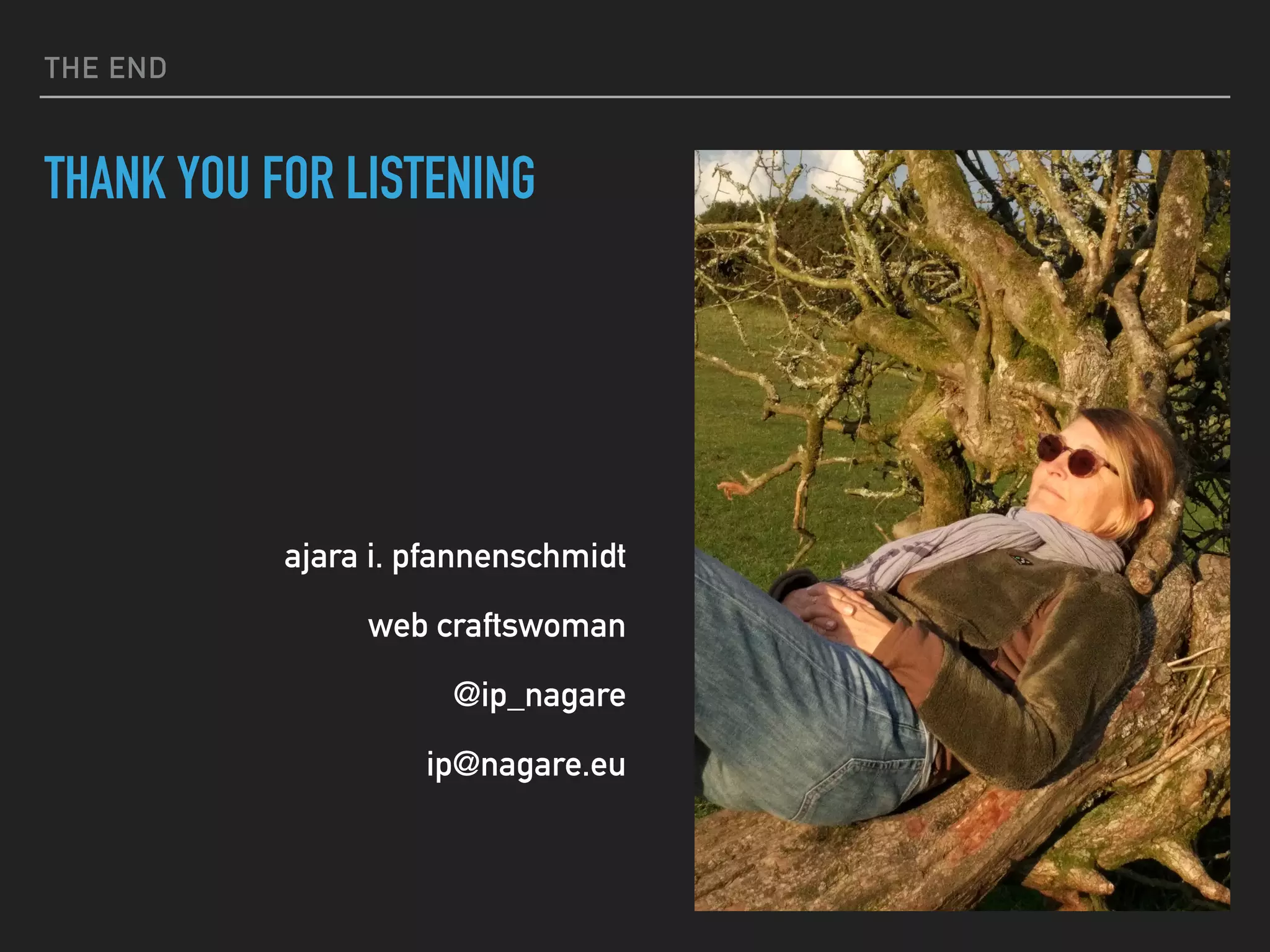 THE END
THANK YOU FOR LISTENING
ajara i. pfannenschmidt
web craftswoman
@ip_nagare
ip@nagare.eu
 