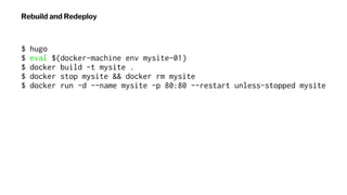 Rebuild and Redeploy
$ hugo
$ eval $(docker-machine env mysite-01)
$ docker build -t mysite .
$ docker stop mysite && dock...