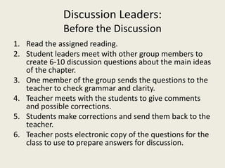 Discussion Leaders: Before the DiscussionRead the assigned reading.Student leaders meet with other group members to create 6-10 discussion questions about the main ideas of the chapter.One member of the group sends the questions to the teacher to check grammar and clarity.Teacher meets with the students to give comments and possible corrections.Students make corrections and send them back to the teacher.Teacher posts electronic copy of the questions for the class to use to prepare answers for discussion. 