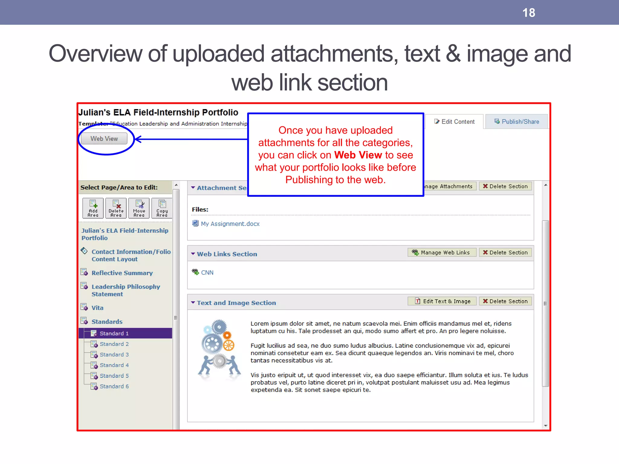 Overview of uploaded attachments, text & image and
web link section
18
Once you have uploaded
attachments for all the categories,
you can click on Web View to see
what your portfolio looks like before
Publishing to the web.
 