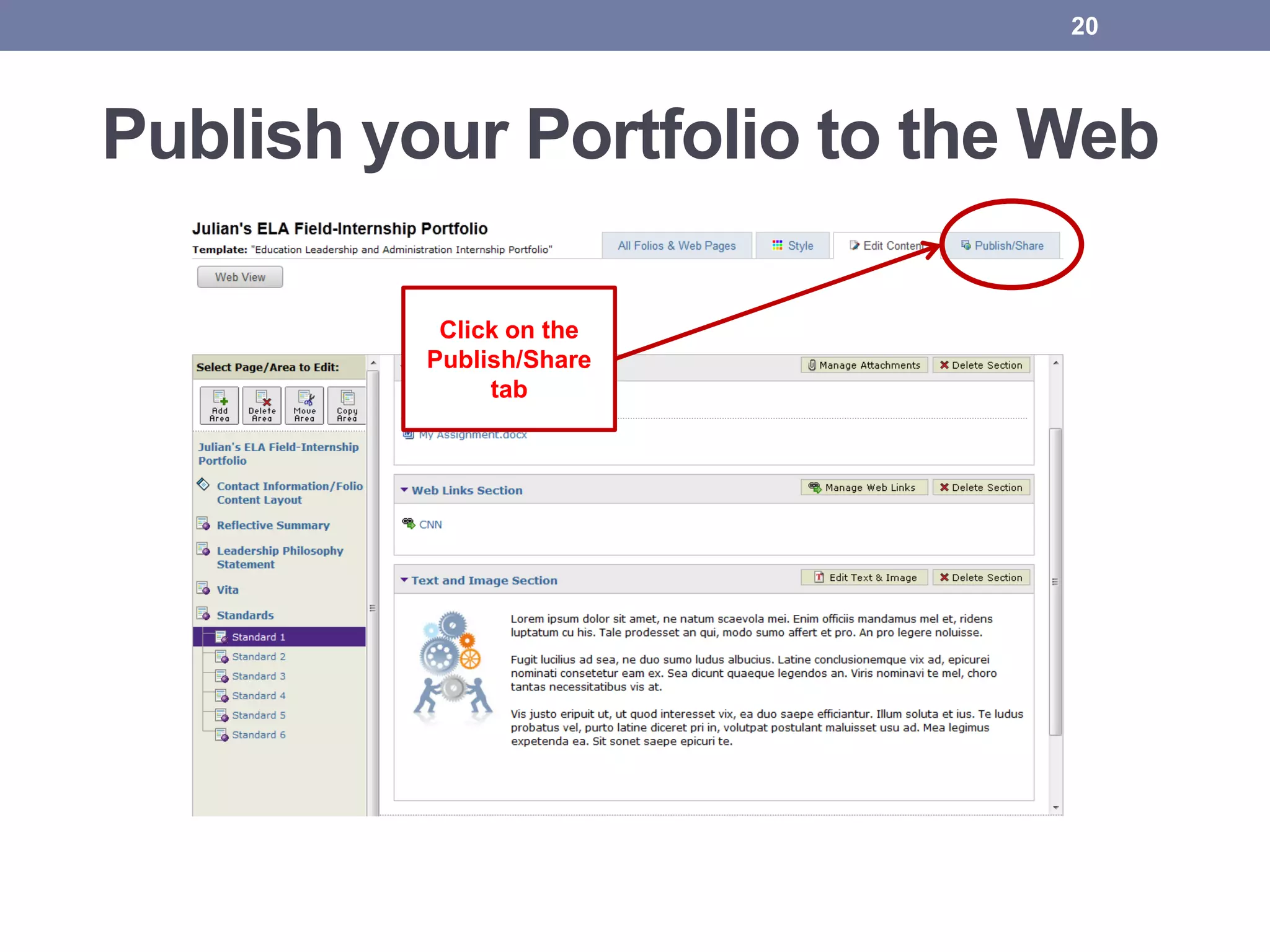 20
Publish your Portfolio to the Web
Click on the
Publish/Share
tab
 