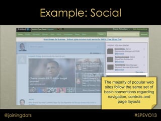 Example: Social
@joiningdots #SPEVO13
The majority of popular web
sites follow the same set of
basic conventions regarding...