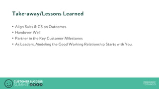 PRODUCED BYPRODUCED BY
Take-away/Lessons Learned
•  Align Sales & CS on Outcomes
•  Handover Well
•  Partner in the Key Customer Milestones
•  As Leaders, Modeling the Good Working Relationship Starts with You.
 