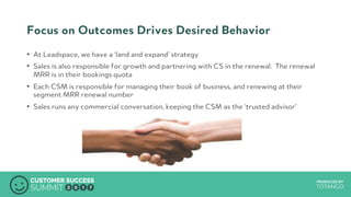PRODUCED BYPRODUCED BY
Focus on Outcomes Drives Desired Behavior
•  At Leadspace, we have a ‘land and expand’ strategy
•  Sales is also responsible for growth and partnering with CS in the renewal. The renewal
MRR is in their bookings quota
•  Each CSM is responsible for managing their book of business, and renewing at their
segment MRR renewal number
•  Sales runs any commercial conversation, keeping the CSM as the ‘trusted advisor’
 