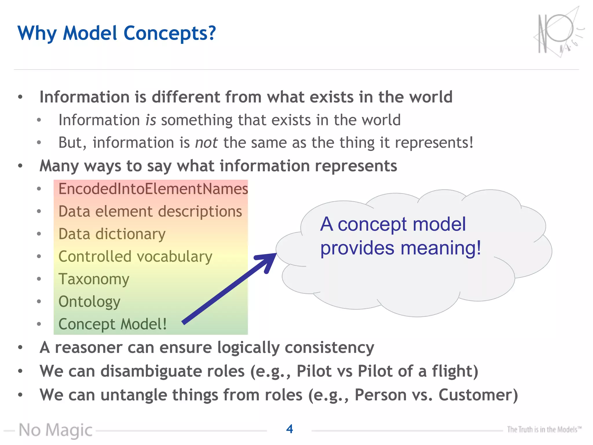Why Model Concepts?
• Information is different from what exists in the world
• Information is something that exists in the world
• But, information is not the same as the thing it represents!
• Many ways to say what information represents
• EncodedIntoElementNames
• Data element descriptions
• Data dictionary
• Controlled vocabulary
• Taxonomy
• Ontology
• Concept Model!
• A reasoner can ensure logically consistency
• We can disambiguate roles (e.g., Pilot vs Pilot of a flight)
• We can untangle things from roles (e.g., Person vs. Customer)
4
A concept model
provides meaning!
 