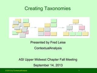 Creating Taxonomies

Presented by Fred Leise
ContextualAnalysis
ASI Upper Midwest Chapter Fall Meeting
September 14, 2013
© 2013 by ContextualAnalysis

1

 