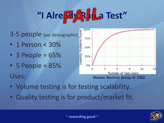 ~ rewarding good ~
“I Already Ran a Test”
3-5 people (per demographic)
• 1 Person < 30%
• 3 People = 65%
• 5 People = 85%
Uses:
• Volume testing is for testing scalability.
• Quality testing is for product/market fit.
Nielsen Norman Group © 2000
 