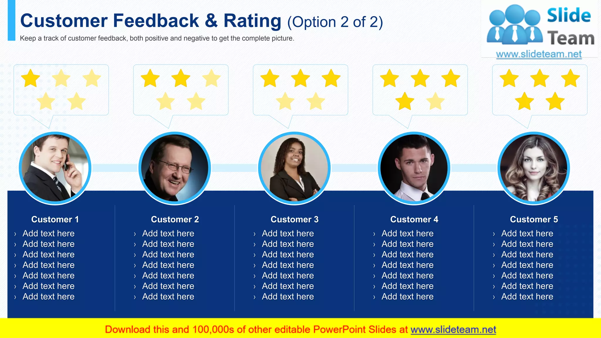 Customer Feedback & Rating (Option 2 of 2)
Keep a track of customer feedback, both positive and negative to get the complete picture.
This slide is 100% editable. Adapt it to your needs and capture your audience's attention.
› Add text here
› Add text here
› Add text here
› Add text here
› Add text here
› Add text here
› Add text here
› Add text here
› Add text here
› Add text here
› Add text here
› Add text here
› Add text here
› Add text here
› Add text here
› Add text here
› Add text here
› Add text here
› Add text here
› Add text here
› Add text here
› Add text here
› Add text here
› Add text here
› Add text here
› Add text here
› Add text here
› Add text here
› Add text here
› Add text here
› Add text here
› Add text here
› Add text here
› Add text here
› Add text here
Customer 1 Customer 2 Customer 3 Customer 4 Customer 5
21
 