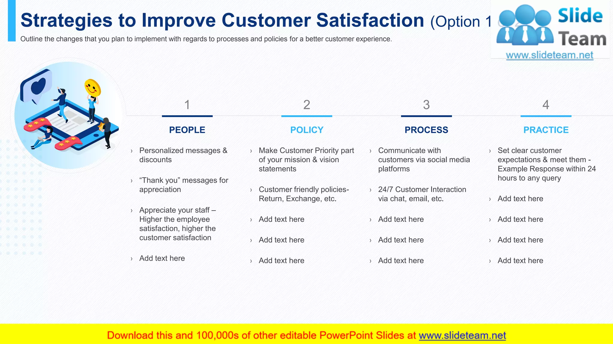 Strategies to Improve Customer Satisfaction (Option 1 of 2)
Outline the changes that you plan to implement with regards to processes and policies for a better customer experience.
› Personalized messages &
discounts
› “Thank you” messages for
appreciation
› Appreciate your staff –
Higher the employee
satisfaction, higher the
customer satisfaction
› Add text here
PEOPLE POLICY PROCESS PRACTICE
1 2 3 4
› Set clear customer
expectations & meet them -
Example Response within 24
hours to any query
› Add text here
› Add text here
› Add text here
› Add text here
› Communicate with
customers via social media
platforms
› 24/7 Customer Interaction
via chat, email, etc.
› Add text here
› Add text here
› Add text here
› Make Customer Priority part
of your mission & vision
statements
› Customer friendly policies-
Return, Exchange, etc.
› Add text here
› Add text here
› Add text here
This slide is 100% editable. Adapt it to your needs and capture your audience's attention. 26
 