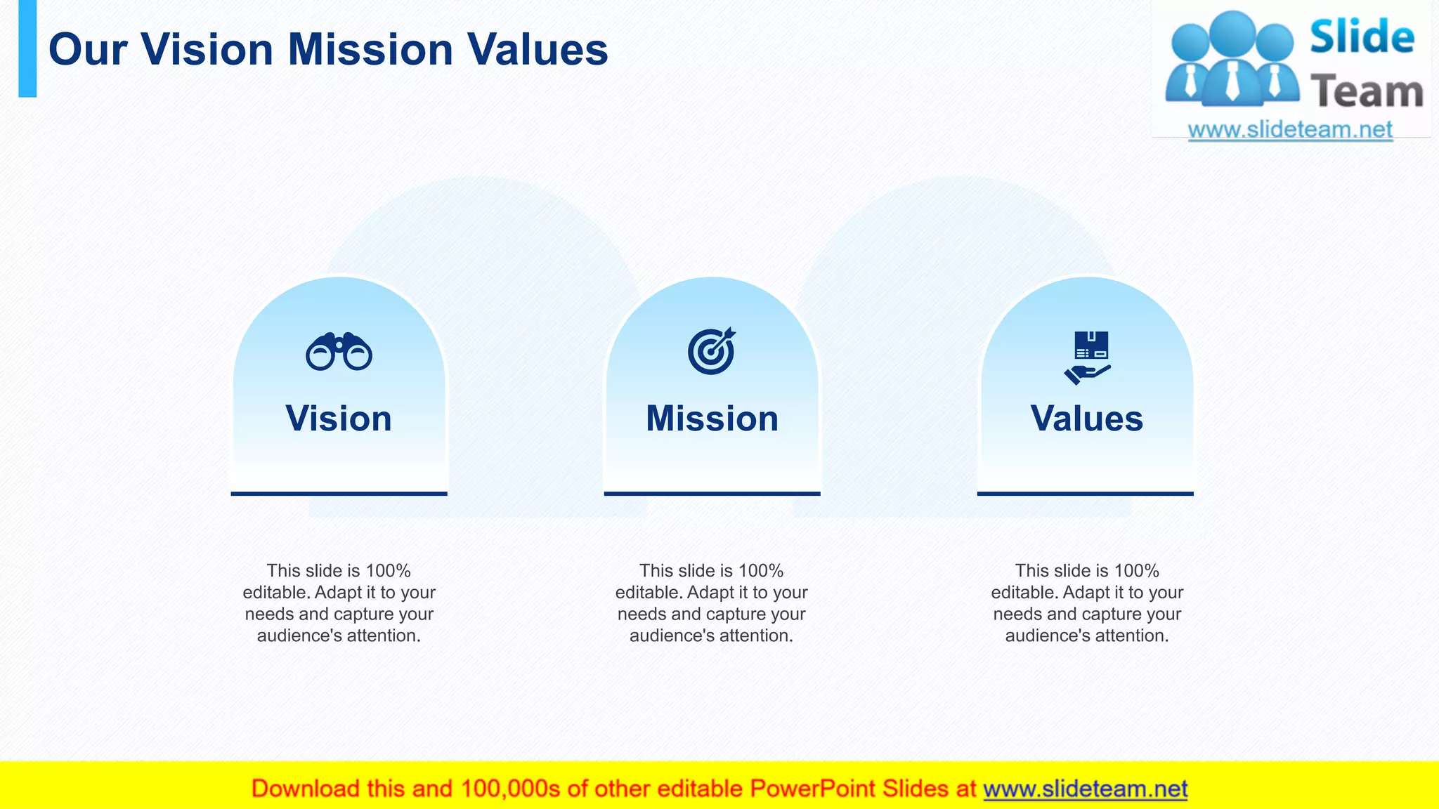 Our Vision Mission Values
34
This slide is 100%
editable. Adapt it to your
needs and capture your
audience's attention.
This slide is 100%
editable. Adapt it to your
needs and capture your
audience's attention.
This slide is 100%
editable. Adapt it to your
needs and capture your
audience's attention.
Vision Mission Values
 