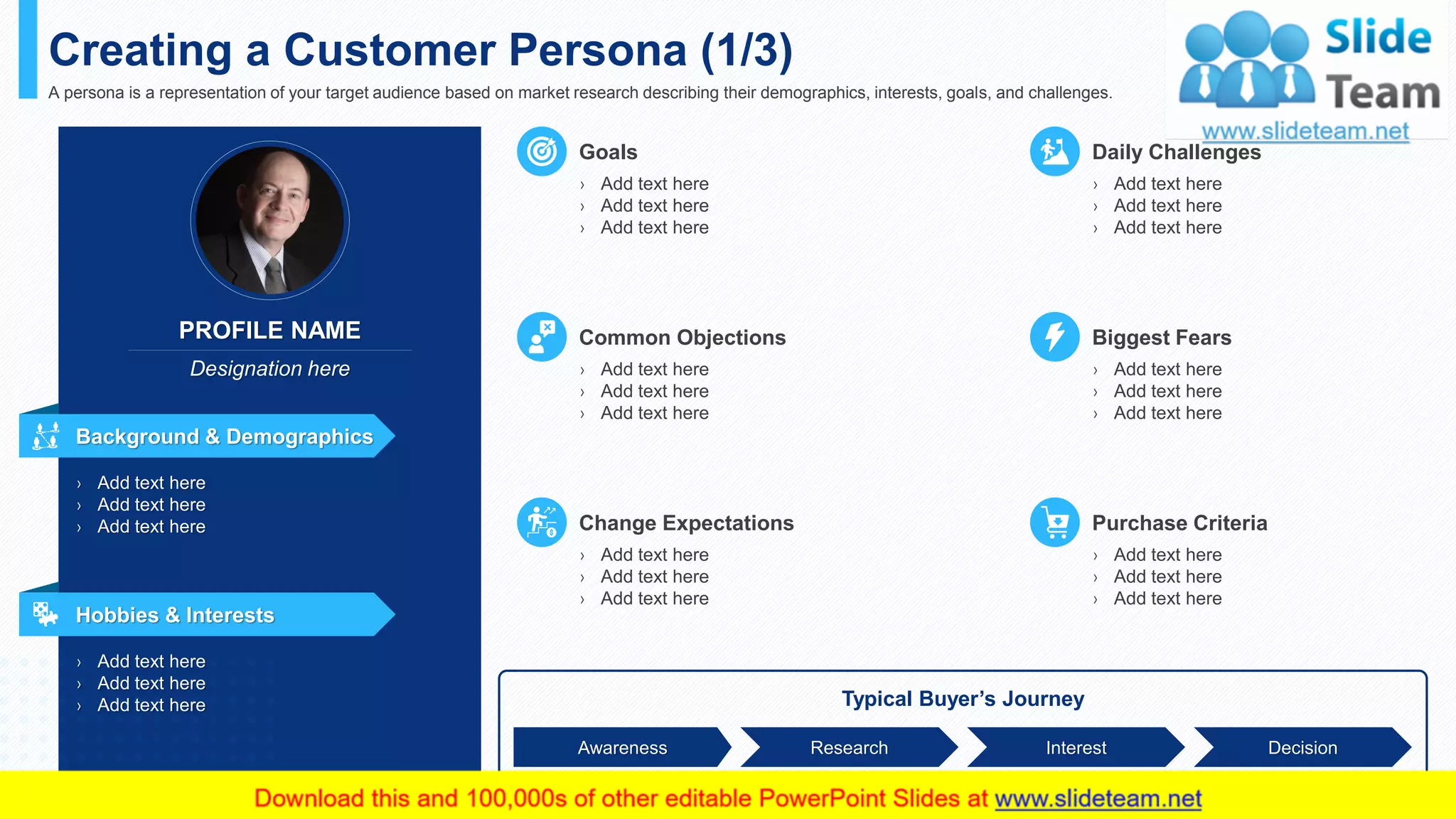 PROFILE NAME
Designation here
Background & Demographics
› Add text here
› Add text here
› Add text here
› Add text here
› Add text here
› Add text here
Goals
› Add text here
› Add text here
› Add text here
Daily Challenges
› Add text here
› Add text here
› Add text here
Common Objections
› Add text here
› Add text here
› Add text here
Biggest Fears
› Add text here
› Add text here
› Add text here
Change Expectations
› Add text here
› Add text here
› Add text here
Purchase Criteria
Typical Buyer’s Journey
Awareness Research Interest Decision
Creating a Customer Persona (1/3)
A persona is a representation of your target audience based on market research describing their demographics, interests, goals, and challenges.
This slide is 100% editable. Adapt it to your needs and capture your audience's attention.
› Add text here
› Add text here
› Add text here
Hobbies & Interests
4
 