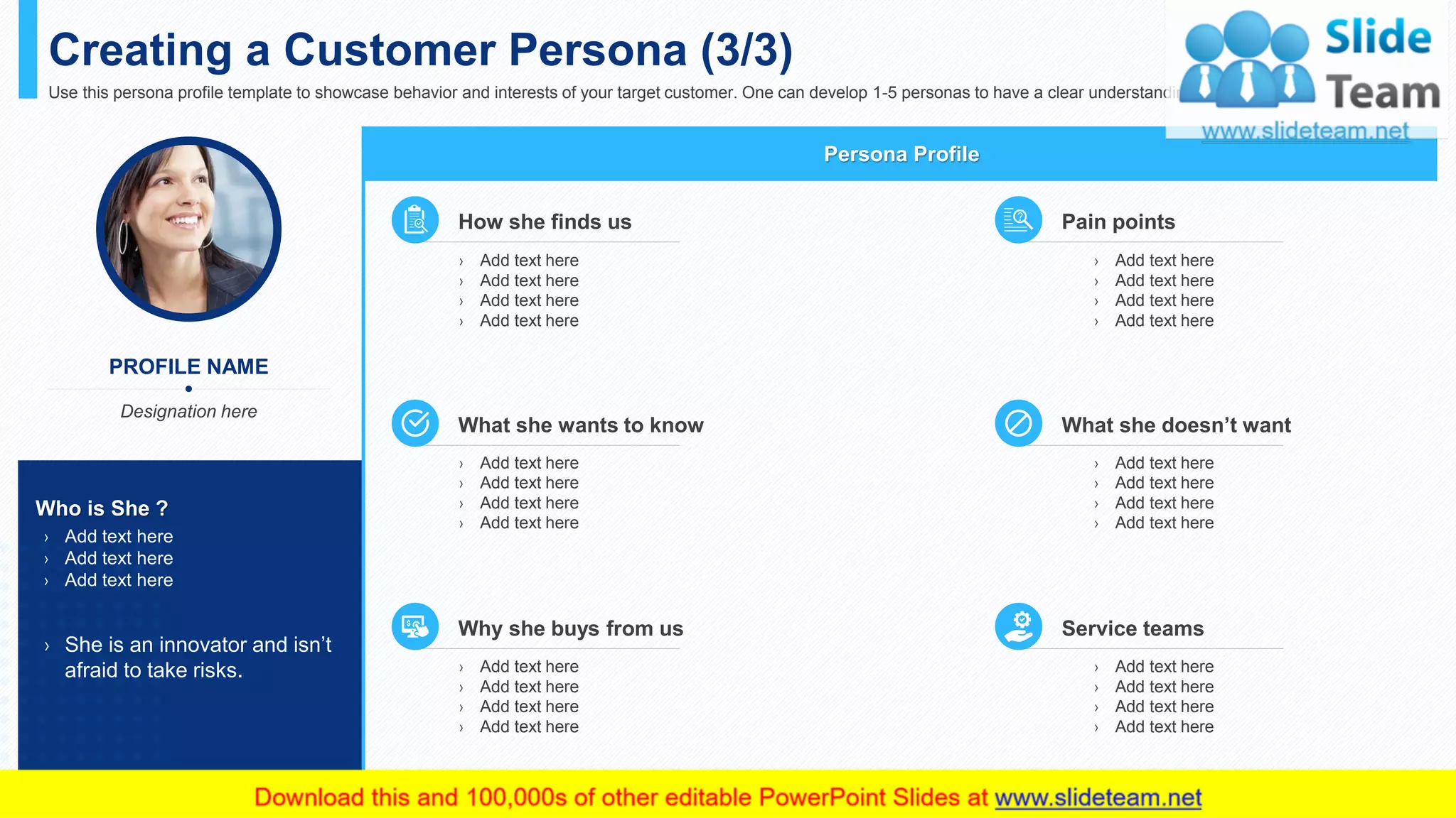 Creating a Customer Persona (3/3)
Use this persona profile template to showcase behavior and interests of your target customer. One can develop 1-5 personas to have a clear understanding of the customer.
Persona Profile
How she finds us
What she wants to know
Why she buys from us
Pain points
What she doesn’t want
Service teams
PROFILE NAME
Designation here
› Add text here
› Add text here
› Add text here
› Add text here
› Add text here
› Add text here
› Add text here
› Add text here
› Add text here
› Add text here
› Add text here
› Add text here
› Add text here
› Add text here
› Add text here
› Add text here
› Add text here
› Add text here
› Add text here
› Add text here
› Add text here
› Add text here
› Add text here
› Add text here
This slide is 100% editable. Adapt it to your needs and capture your audience's attention.
Who is She ?
› Add text here
› Add text here
› Add text here
› She is an innovator and isn’t
afraid to take risks.
6
 