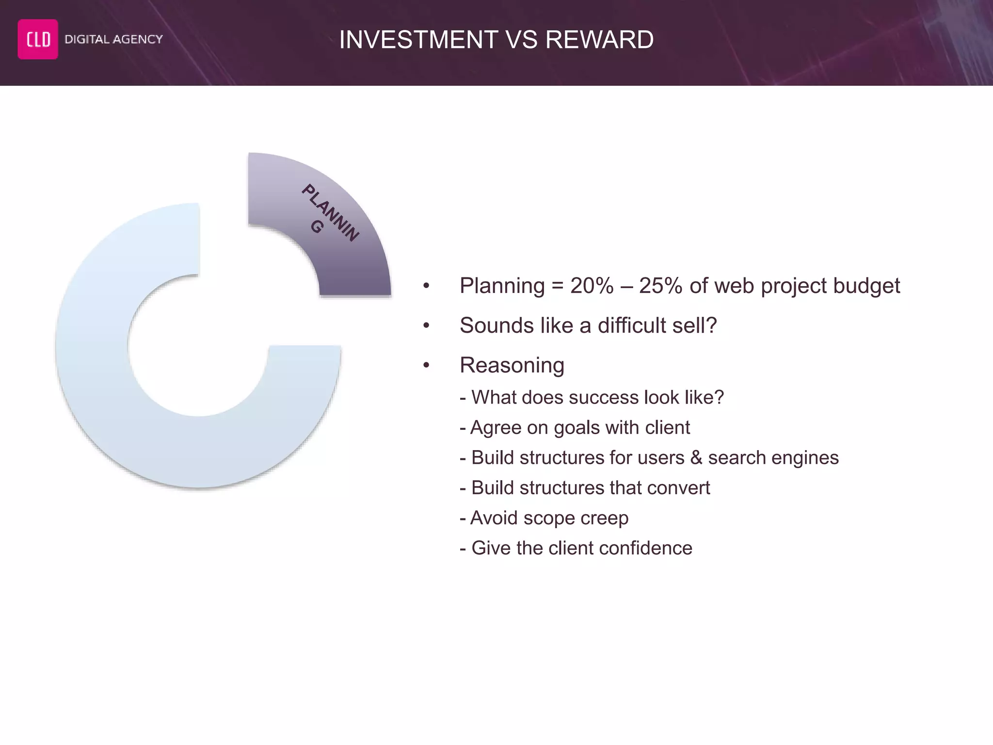INVESTMENT VS REWARD
• Planning = 20% – 25% of web project budget
• Sounds like a difficult sell?
• Reasoning
- What does success look like?
- Agree on goals with client
- Build structures for users & search engines
- Build structures that convert
- Avoid scope creep
- Give the client confidence
 