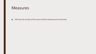 Measures
■ Tell how the results of the event will be checked and monitored.
 