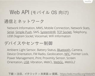 Web API (Х OS )
ͨŤȥͥåȥ`
Network Information, MMS, Mobile Connection, Network Stats,
Serial, Simple Push, SMS, SystemXHR, TCP Socket, Telephony,
UDB Diagram Socket, Voicemail, WiFi Information
ǥХ䥻󥵩`
Ambient Light Sensor, Battery Status, Bluetooth, Camera,
Device Orientation, FM Radio, Geolocation, NFC, Pointer Lock,
Power Management, Print, Proximity Sensor, Screen
Orientation, USB, Vibration, WebCL, WebGL, WebGL2
¾ := עĿå := δgװ or ᰸https://wiki.mozilla.org/WebAPI
 