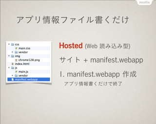 ץե
Hosted (Web iz)
 + manifest.webapp
1. manifest.webapp 
ץǽK
 