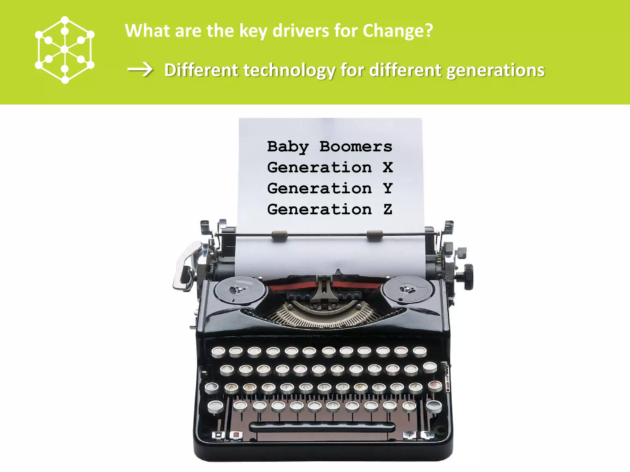 What are the key drivers for Change?
    Different technology for different generations


                Baby Boomers
                Generation X
                Generation Y
                Generation Z
 