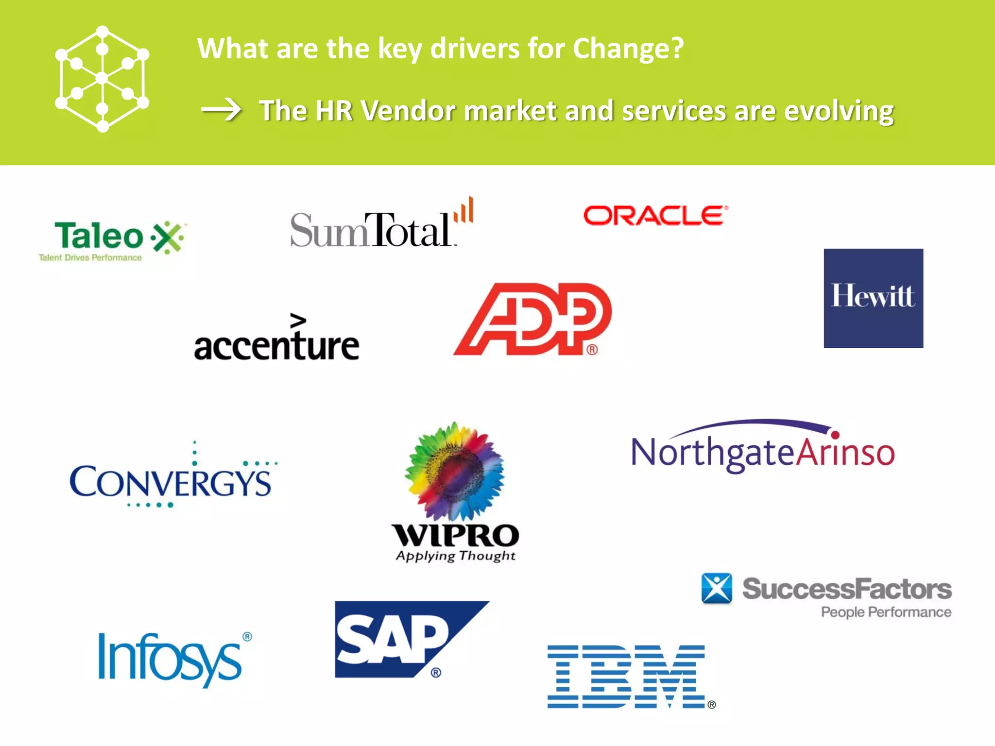 What are the key drivers for Change?
    The HR Vendor market and services are evolving
 