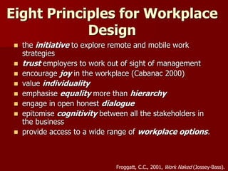 Eight Principles for Workplace
Design
 the initiative to explore remote and mobile work
strategies
 trust employers to work out of sight of management
 encourage joy in the workplace (Cabanac 2000)
 value individuality
 emphasise equality more than hierarchy
 engage in open honest dialogue
 epitomise cognitivity between all the stakeholders in
the business
 provide access to a wide range of workplace options.
Froggatt, C.C., 2001, Work Naked (Jossey-Bass).
 