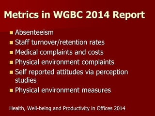 Metrics in WGBC 2014 Report
 Absenteeism
 Staff turnover/retention rates
 Medical complaints and costs
 Physical environment complaints
 Self reported attitudes via perception
studies
 Physical environment measures
Health, Well-being and Productivity in Offices 2014
 