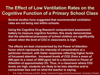 The Effect of Low Ventilation Rates on the
Cognitive Function of a Primary School Class
Several studies have suggested that recommended ventilation
rates are not being met within schools.
Using the Cognitive Drug Research computerised assessment
battery to measure cognitive function, this study demonstrates
that the attentional processes of school children are significantly
slower when the level of CO2 in classrooms is high.
The effects are best characterised by the Power of Attention
factor which represents the intensity of concentration at a
particular moment, with faster responses reflecting higher levels
of focussed attention. Increased levels of CO2 (from a mean of
690 ppm to a mean of 2909 ppm) led to a decrement in Power of
Attention of approximately 5%. Thus, in a classroom where CO2
levels are high, students are likely to be less attentive and to
concentrate less well on what the teacher is saying,
.
,
D.A. Coley, R.Greeves and B.K. Saxby, Centre for Energy and the Environment, University of Exeter
 