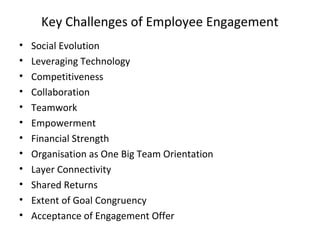 Key Challenges of Employee Engagement
• Social Evolution
• Leveraging Technology
• Competitiveness
• Collaboration
• Teamwork
• Empowerment
• Financial Strength
• Organisation as One Big Team Orientation
• Layer Connectivity
• Shared Returns
• Extent of Goal Congruency
• Acceptance of Engagement Offer
 