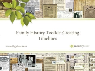1
Family History Toolkit: Creating
Timelines
Created by Juliana Smith
 