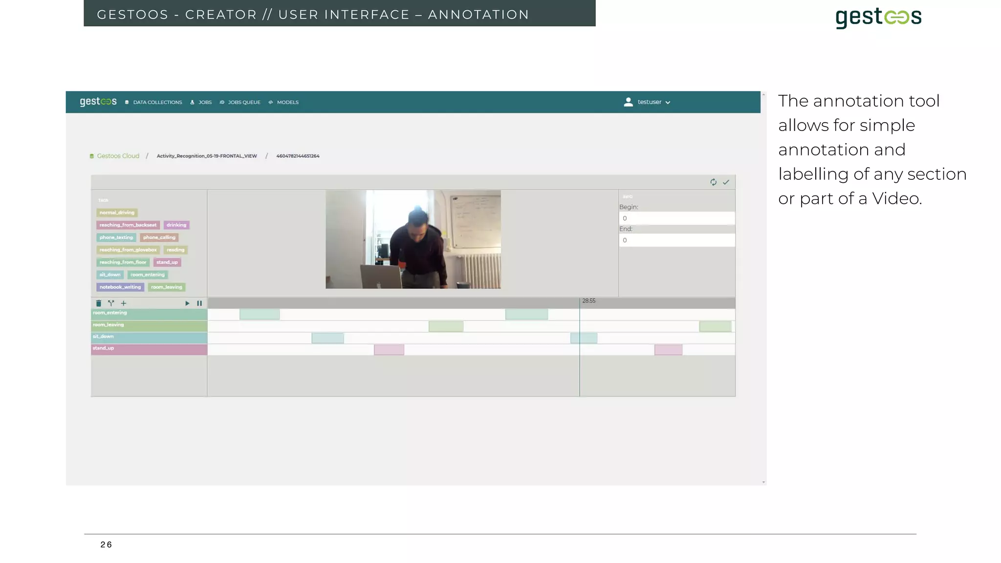 2 6
GESTOOS - CREATOR // USER INTERFACE – ANNOTATION
The annotation tool
allows for simple
annotation and
labelling of any section
or part of a Video.
 