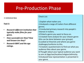 Pre-Production Phase
 5. Institutional Ideas
Task 5: 
• Research different institution that 
typically make films for your 
genre. 
• How successful are they? How 
well known are they? 
• Research BBFC and the age 
ratings. 
Check List:
1.Explain what trailers are.
2.Analysed a range of trailers from different
genres.
3.Conducted primary research into people’s
interest in trailers.
4.Picked a genre you want to focus on.
5.Created more analysis for your chosen genre
(this can be done between your groups).
6.Looked at theorists and where you genre
challenges/conforms to this.
7.Created a questionnaire to find out what you
audience likes about your genre.
8.Thought about your typical audience you want
to aim at (Age/sex/location/religion/ethnicity.
9.Analysed how representation is presented in
your genre.
Check List:
1.Explain what trailers are.
2.Analysed a range of trailers from different
genres.
3.Conducted primary research into people’s
interest in trailers.
4.Picked a genre you want to focus on.
5.Created more analysis for your chosen genre
(this can be done between your groups).
6.Looked at theorists and where you genre
challenges/conforms to this.
7.Created a questionnaire to find out what you
audience likes about your genre.
8.Thought about your typical audience you want
to aim at (Age/sex/location/religion/ethnicity.
9.Analysed how representation is presented in
your genre.
 