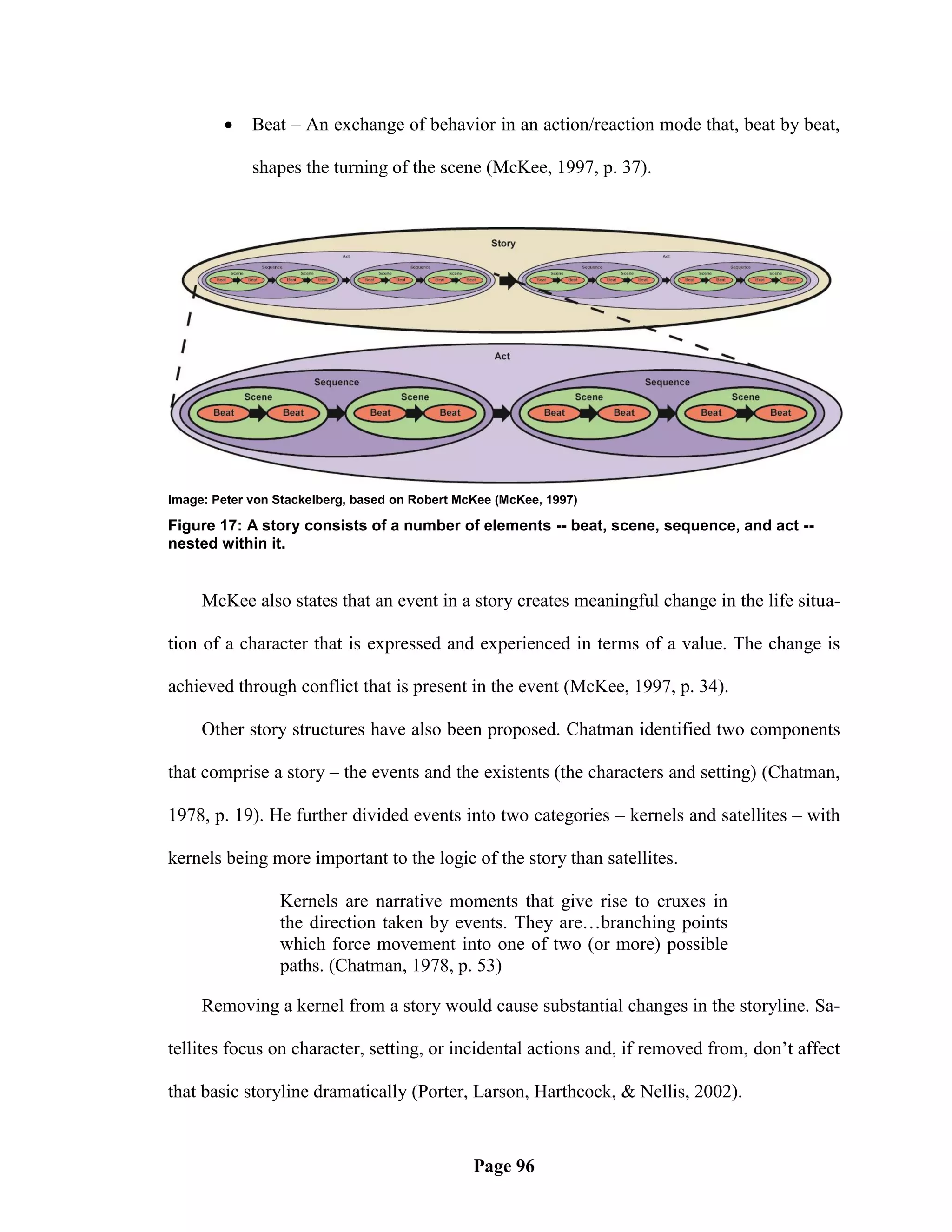     Beat – An exchange of behavior in an action/reaction mode that, beat by beat,

             shapes the turning of the scene (McKee, 1997, p. 37).




Image: Peter von Stackelberg, based on Robert McKee (McKee, 1997)

Figure 17: A story consists of a number of elements -- beat, scene, sequence, and act --
nested within it.


     McKee also states that an event in a story creates meaningful change in the life situa-

tion of a character that is expressed and experienced in terms of a value. The change is

achieved through conflict that is present in the event (McKee, 1997, p. 34).

     Other story structures have also been proposed. Chatman identified two components

that comprise a story – the events and the existents (the characters and setting) (Chatman,

1978, p. 19). He further divided events into two categories – kernels and satellites – with

kernels being more important to the logic of the story than satellites.

                 Kernels are narrative moments that give rise to cruxes in
                 the direction taken by events. They are…branching points
                 which force movement into one of two (or more) possible
                 paths. (Chatman, 1978, p. 53)

     Removing a kernel from a story would cause substantial changes in the storyline. Sa-

tellites focus on character, setting, or incidental actions and, if removed from, don‘t affect

that basic storyline dramatically (Porter, Larson, Harthcock, & Nellis, 2002).



                                                Page 96
 