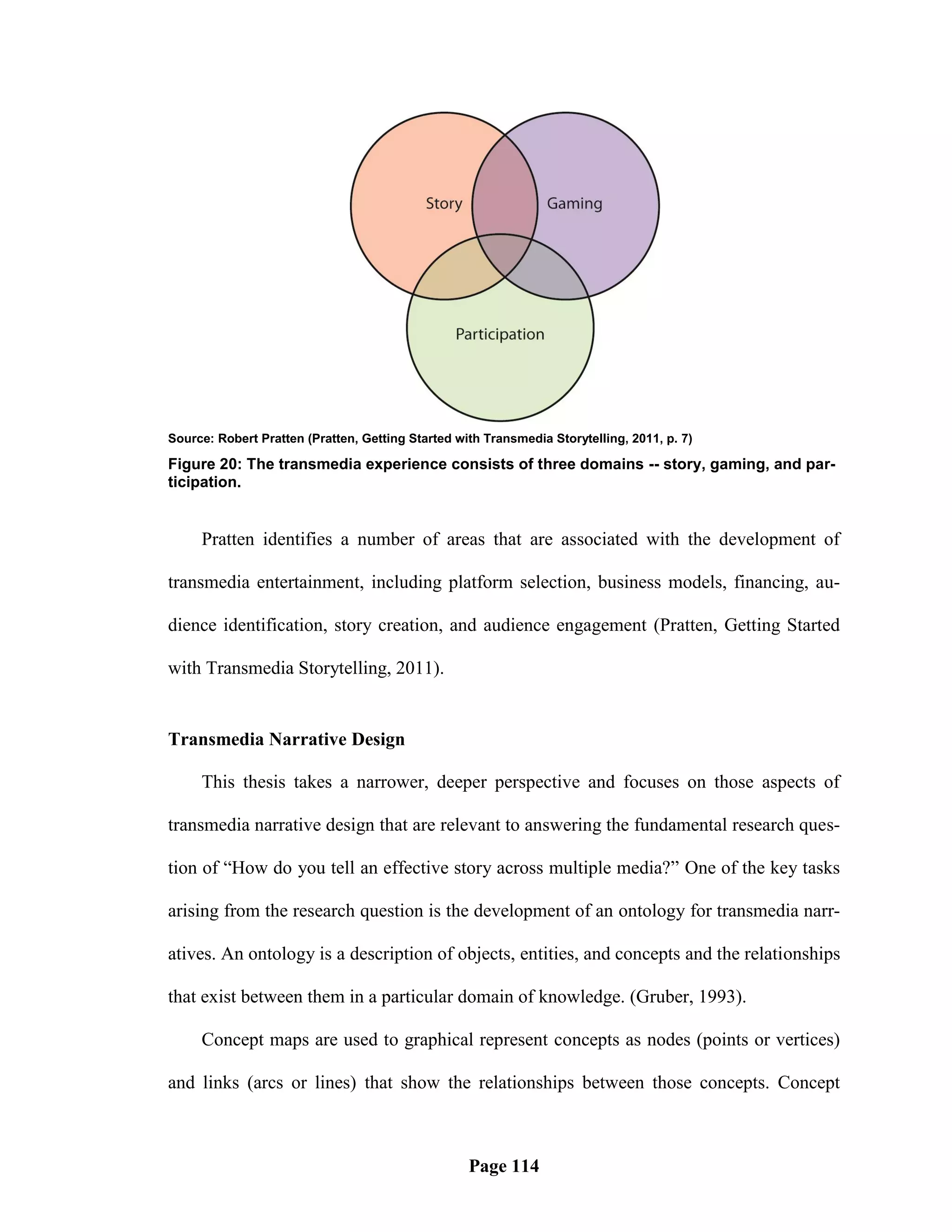 Source: Robert Pratten (Pratten, Getting Started with Transmedia Storytelling, 2011, p. 7)

Figure 20: The transmedia experience consists of three domains -- story, gaming, and par-
ticipation.


     Pratten identifies a number of areas that are associated with the development of

transmedia entertainment, including platform selection, business models, financing, au-

dience identification, story creation, and audience engagement (Pratten, Getting Started

with Transmedia Storytelling, 2011).


Transmedia Narrative Design

     This thesis takes a narrower, deeper perspective and focuses on those aspects of

transmedia narrative design that are relevant to answering the fundamental research ques-

tion of ―How do you tell an effective story across multiple media?‖ One of the key tasks

arising from the research question is the development of an ontology for transmedia narr-

atives. An ontology is a description of objects, entities, and concepts and the relationships

that exist between them in a particular domain of knowledge. (Gruber, 1993).

     Concept maps are used to graphical represent concepts as nodes (points or vertices)

and links (arcs or lines) that show the relationships between those concepts. Concept



                                                   Page 114
 