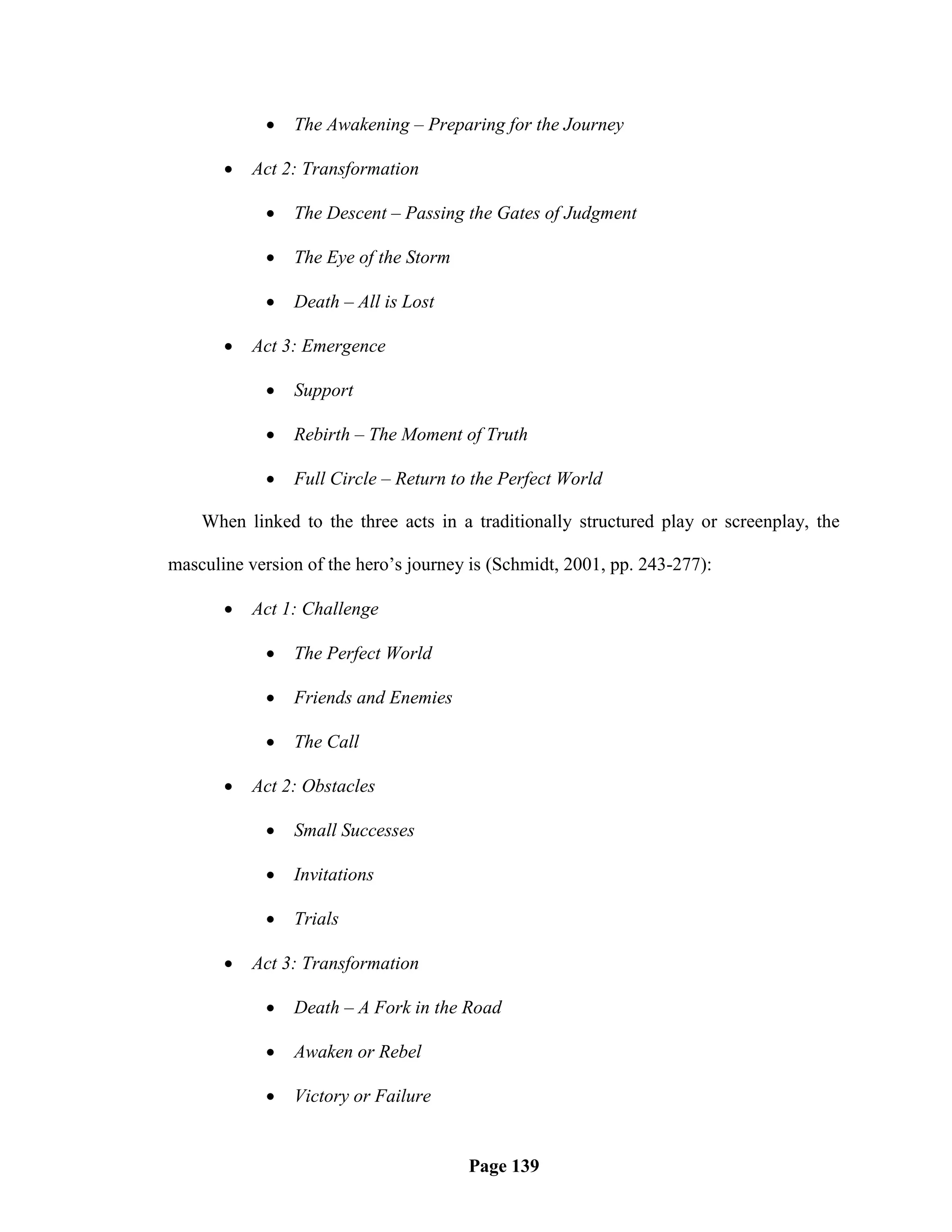    The Awakening – Preparing for the Journey

          Act 2: Transformation

               The Descent – Passing the Gates of Judgment

               The Eye of the Storm

               Death – All is Lost

          Act 3: Emergence

               Support

               Rebirth – The Moment of Truth

               Full Circle – Return to the Perfect World

    When linked to the three acts in a traditionally structured play or screenplay, the

masculine version of the hero‘s journey is (Schmidt, 2001, pp. 243-277):

          Act 1: Challenge

               The Perfect World

               Friends and Enemies

               The Call

          Act 2: Obstacles

               Small Successes

               Invitations

               Trials

          Act 3: Transformation

               Death – A Fork in the Road

               Awaken or Rebel

               Victory or Failure


                                       Page 139
 