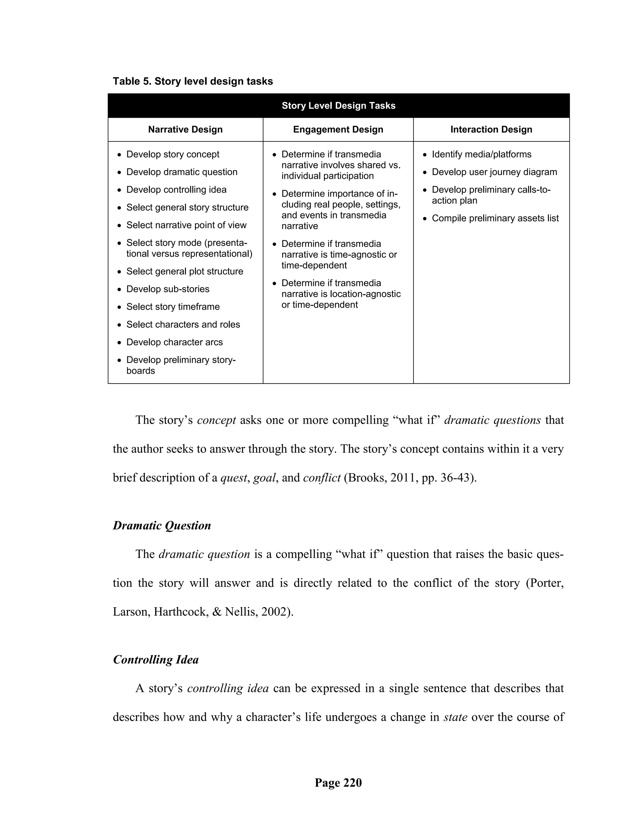 Table 5. Story level design tasks

                                      Story Level Design Tasks

       Narrative Design                  Engagement Design                   Interaction Design

 Develop story concept              Determine if transmedia           Identify media/platforms
                                      narrative involves shared vs.
 Develop dramatic question           individual participation          Develop user journey diagram
 Develop controlling idea           Determine importance of in-       Develop preliminary calls-to-
                                      cluding real people, settings,     action plan
 Select general story structure
                                      and events in transmedia          Compile preliminary assets list
 Select narrative point of view      narrative
 Select story mode (presenta-       Determine if transmedia
  tional versus representational)     narrative is time-agnostic or
                                      time-dependent
 Select general plot structure
                                     Determine if transmedia
 Develop sub-stories
                                      narrative is location-agnostic
 Select story timeframe              or time-dependent

 Select characters and roles
 Develop character arcs
 Develop preliminary story-
  boards




    The story‘s concept asks one or more compelling ―what if‖ dramatic questions that

the author seeks to answer through the story. The story‘s concept contains within it a very

brief description of a quest, goal, and conflict (Brooks, 2011, pp. 36-43).


Dramatic Question

    The dramatic question is a compelling ―what if‖ question that raises the basic ques-

tion the story will answer and is directly related to the conflict of the story (Porter,

Larson, Harthcock, & Nellis, 2002).


Controlling Idea

    A story‘s controlling idea can be expressed in a single sentence that describes that

describes how and why a character‘s life undergoes a change in state over the course of




                                              Page 220
 