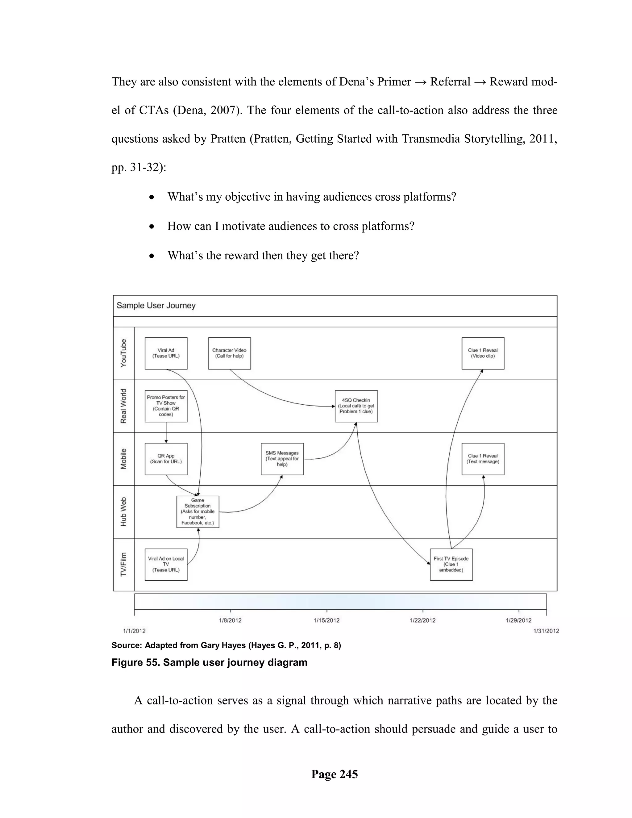They are also consistent with the elements of Dena‘s Primer → Referral → Reward mod-

el of CTAs (Dena, 2007). The four elements of the call-to-action also address the three

questions asked by Pratten (Pratten, Getting Started with Transmedia Storytelling, 2011,

pp. 31-32):

             What‘s my objective in having audiences cross platforms?

             How can I motivate audiences to cross platforms?

             What‘s the reward then they get there?




Source: Adapted from Gary Hayes (Hayes G. P., 2011, p. 8)

Figure 55. Sample user journey diagram


     A call-to-action serves as a signal through which narrative paths are located by the

author and discovered by the user. A call-to-action should persuade and guide a user to


                                                 Page 245
 