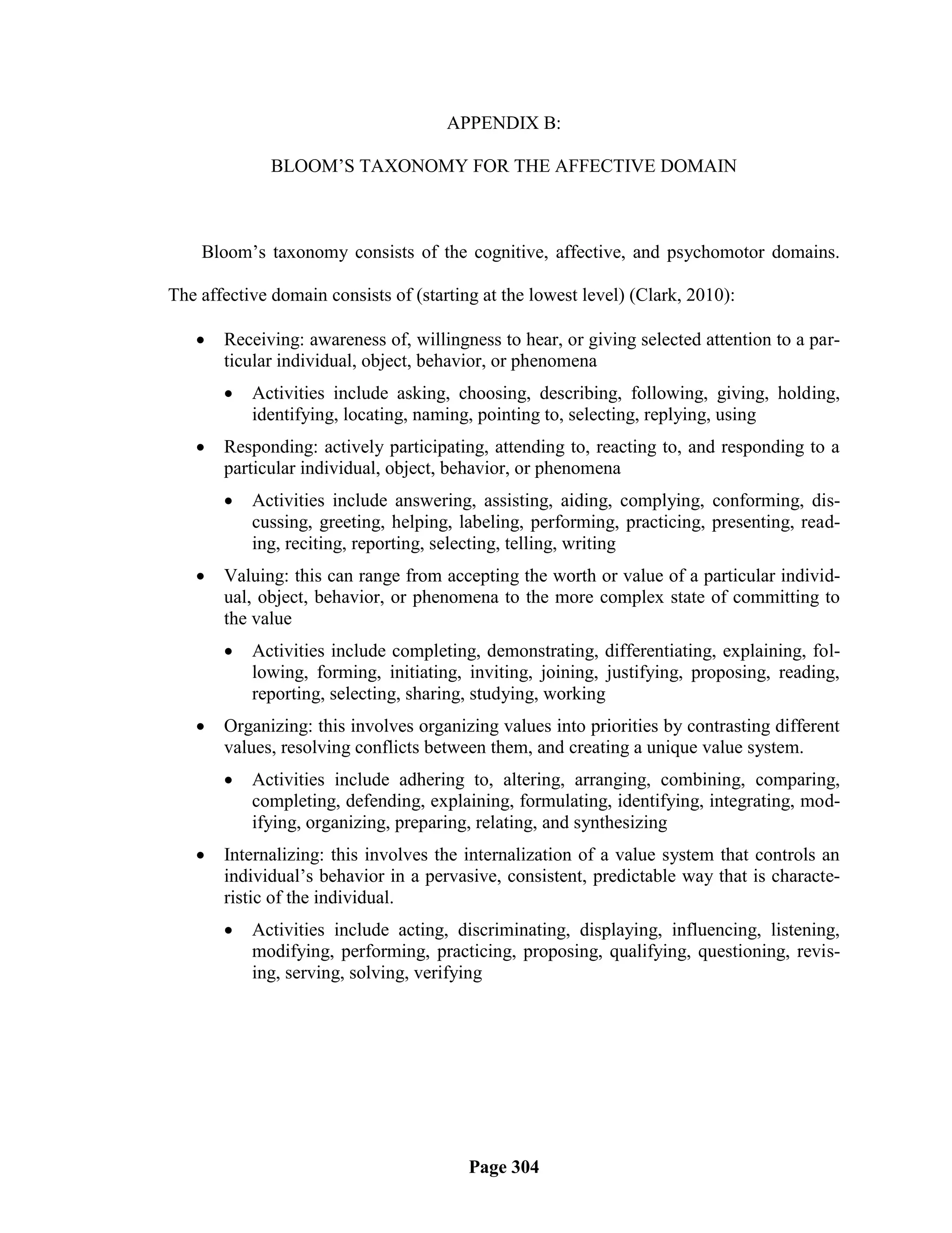APPENDIX B:

              BLOOM‘S TAXONOMY FOR THE AFFECTIVE DOMAIN



    Bloom‘s taxonomy consists of the cognitive, affective, and psychomotor domains.

The affective domain consists of (starting at the lowest level) (Clark, 2010):

      Receiving: awareness of, willingness to hear, or giving selected attention to a par-
       ticular individual, object, behavior, or phenomena
          Activities include asking, choosing, describing, following, giving, holding,
           identifying, locating, naming, pointing to, selecting, replying, using
      Responding: actively participating, attending to, reacting to, and responding to a
       particular individual, object, behavior, or phenomena
          Activities include answering, assisting, aiding, complying, conforming, dis-
           cussing, greeting, helping, labeling, performing, practicing, presenting, read-
           ing, reciting, reporting, selecting, telling, writing
      Valuing: this can range from accepting the worth or value of a particular individ-
       ual, object, behavior, or phenomena to the more complex state of committing to
       the value
          Activities include completing, demonstrating, differentiating, explaining, fol-
           lowing, forming, initiating, inviting, joining, justifying, proposing, reading,
           reporting, selecting, sharing, studying, working
      Organizing: this involves organizing values into priorities by contrasting different
       values, resolving conflicts between them, and creating a unique value system.
          Activities include adhering to, altering, arranging, combining, comparing,
           completing, defending, explaining, formulating, identifying, integrating, mod-
           ifying, organizing, preparing, relating, and synthesizing
      Internalizing: this involves the internalization of a value system that controls an
       individual‘s behavior in a pervasive, consistent, predictable way that is characte-
       ristic of the individual.
          Activities include acting, discriminating, displaying, influencing, listening,
           modifying, performing, practicing, proposing, qualifying, questioning, revis-
           ing, serving, solving, verifying




                                         Page 304
 