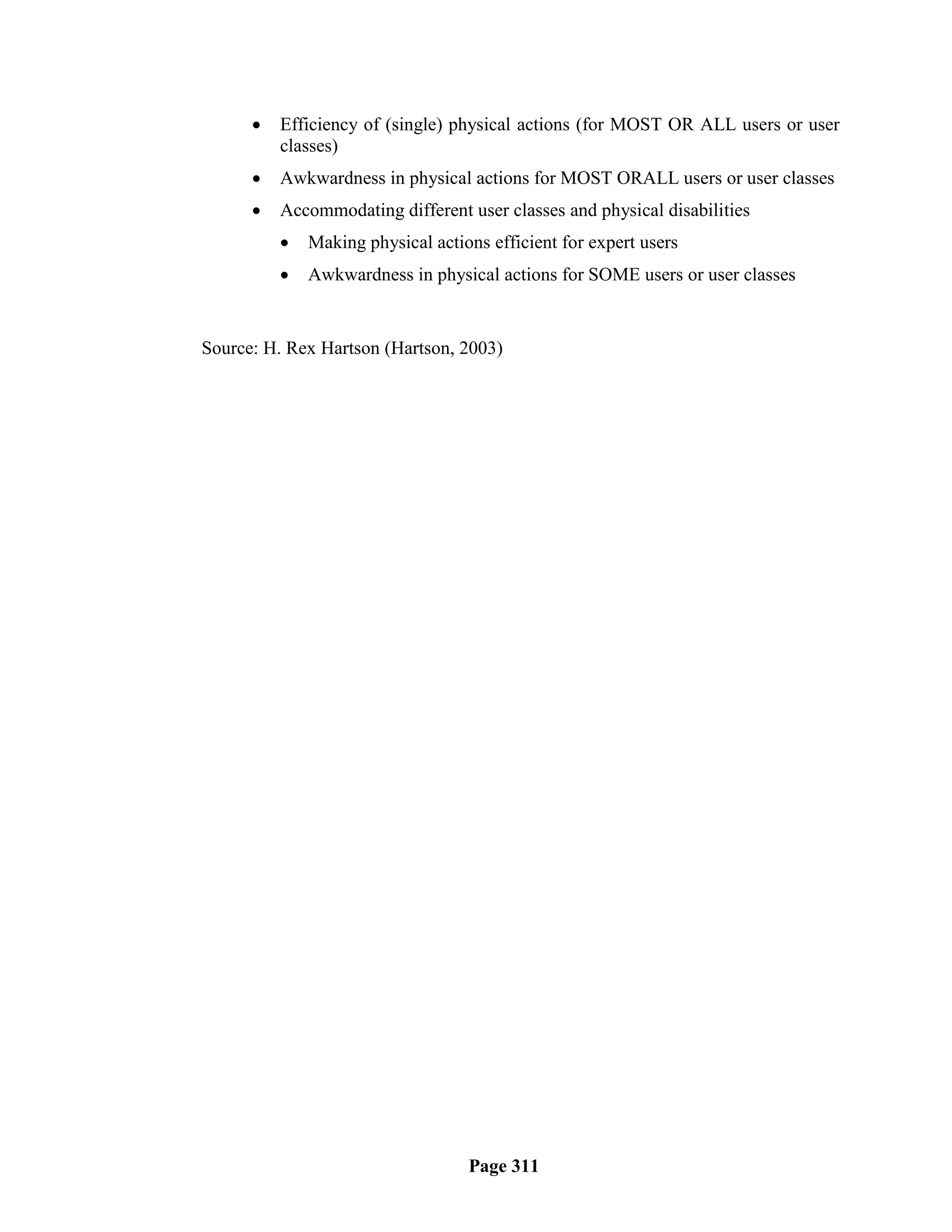    Efficiency of (single) physical actions (for MOST OR ALL users or user
          classes)
         Awkwardness in physical actions for MOST ORALL users or user classes
         Accommodating different user classes and physical disabilities
             Making physical actions efficient for expert users
             Awkwardness in physical actions for SOME users or user classes


Source: H. Rex Hartson (Hartson, 2003)




                                   Page 311
 