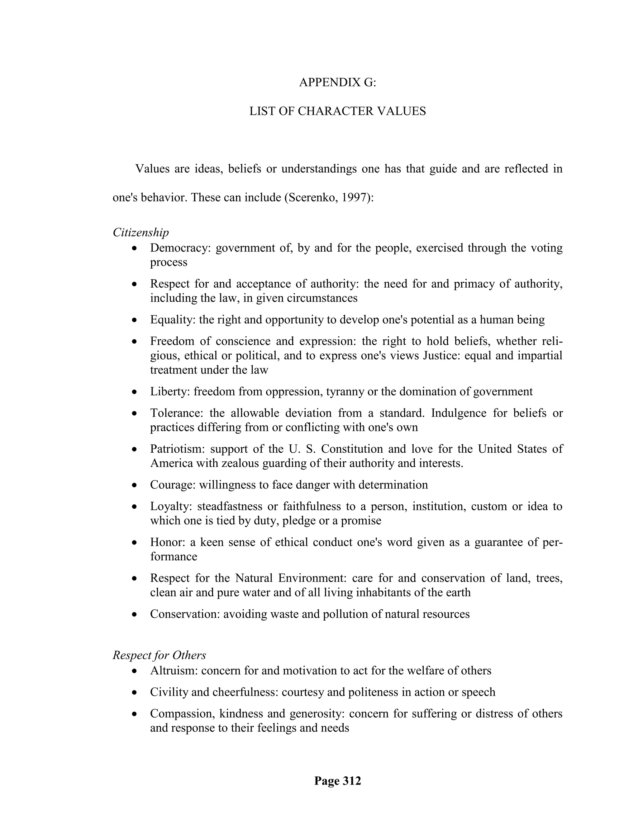 APPENDIX G:

                           LIST OF CHARACTER VALUES



    Values are ideas, beliefs or understandings one has that guide and are reflected in

one's behavior. These can include (Scerenko, 1997):

Citizenship
     Democracy: government of, by and for the people, exercised through the voting
       process
      Respect for and acceptance of authority: the need for and primacy of authority,
       including the law, in given circumstances
      Equality: the right and opportunity to develop one's potential as a human being
      Freedom of conscience and expression: the right to hold beliefs, whether reli-
       gious, ethical or political, and to express one's views Justice: equal and impartial
       treatment under the law
      Liberty: freedom from oppression, tyranny or the domination of government
      Tolerance: the allowable deviation from a standard. Indulgence for beliefs or
       practices differing from or conflicting with one's own
      Patriotism: support of the U. S. Constitution and love for the United States of
       America with zealous guarding of their authority and interests.
      Courage: willingness to face danger with determination
      Loyalty: steadfastness or faithfulness to a person, institution, custom or idea to
       which one is tied by duty, pledge or a promise
      Honor: a keen sense of ethical conduct one's word given as a guarantee of per-
       formance
      Respect for the Natural Environment: care for and conservation of land, trees,
       clean air and pure water and of all living inhabitants of the earth
      Conservation: avoiding waste and pollution of natural resources


Respect for Others
    Altruism: concern for and motivation to act for the welfare of others
      Civility and cheerfulness: courtesy and politeness in action or speech
      Compassion, kindness and generosity: concern for suffering or distress of others
       and response to their feelings and needs



                                        Page 312
 