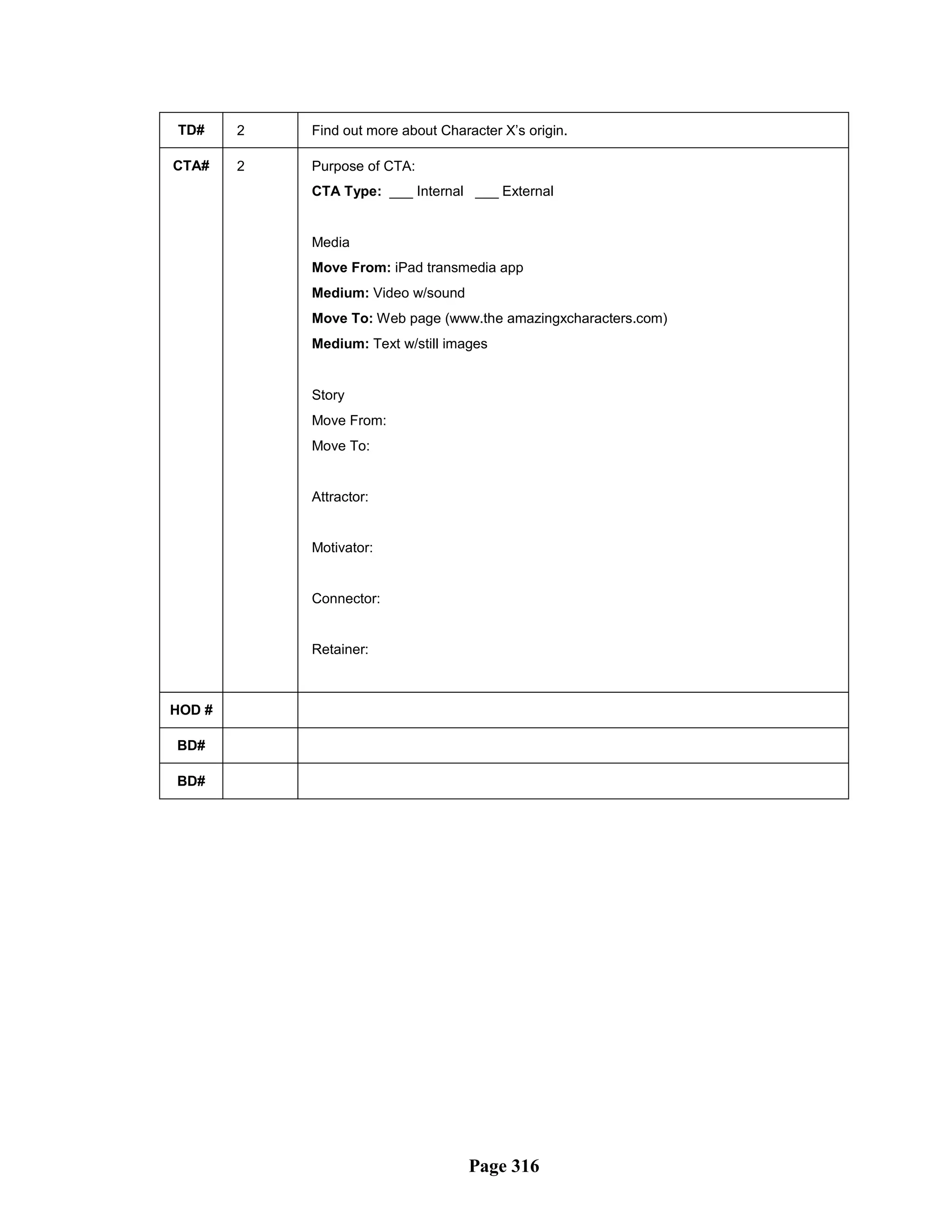 TD#     2   Find out more about Character X’s origin.

CTA#    2   Purpose of CTA:
            CTA Type: ___ Internal ___ External


            Media
            Move From: iPad transmedia app
            Medium: Video w/sound
            Move To: Web page (www.the amazingxcharacters.com)
            Medium: Text w/still images


            Story
            Move From:
            Move To:


            Attractor:


            Motivator:


            Connector:


            Retainer:



HOD #

BD#

BD#




                                     Page 316
 