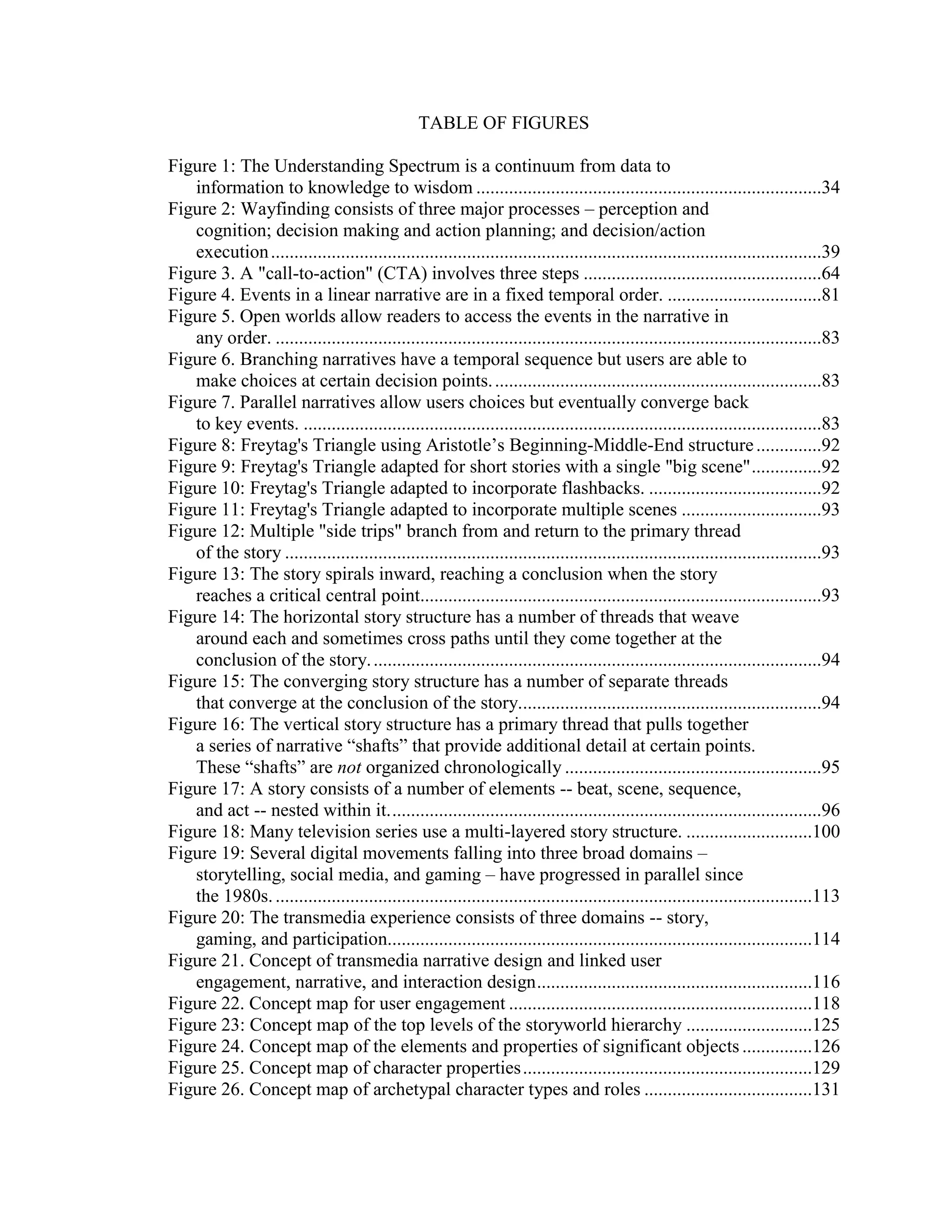 TABLE OF FIGURES

Figure 1: The Understanding Spectrum is a continuum from data to
   information to knowledge to wisdom ..........................................................................34
Figure 2: Wayfinding consists of three major processes – perception and
   cognition; decision making and action planning; and decision/action
   execution ......................................................................................................................39
Figure 3. A "call-to-action" (CTA) involves three steps ...................................................64
Figure 4. Events in a linear narrative are in a fixed temporal order. .................................81
Figure 5. Open worlds allow readers to access the events in the narrative in
   any order. .....................................................................................................................83
Figure 6. Branching narratives have a temporal sequence but users are able to
   make choices at certain decision points. ......................................................................83
Figure 7. Parallel narratives allow users choices but eventually converge back
   to key events. ...............................................................................................................83
Figure 8: Freytag's Triangle using Aristotle‘s Beginning-Middle-End structure ..............92
Figure 9: Freytag's Triangle adapted for short stories with a single "big scene" ...............92
Figure 10: Freytag's Triangle adapted to incorporate flashbacks. .....................................92
Figure 11: Freytag's Triangle adapted to incorporate multiple scenes ..............................93
Figure 12: Multiple "side trips" branch from and return to the primary thread
   of the story ...................................................................................................................93
Figure 13: The story spirals inward, reaching a conclusion when the story
   reaches a critical central point......................................................................................93
Figure 14: The horizontal story structure has a number of threads that weave
   around each and sometimes cross paths until they come together at the
   conclusion of the story. ................................................................................................94
Figure 15: The converging story structure has a number of separate threads
   that converge at the conclusion of the story.................................................................94
Figure 16: The vertical story structure has a primary thread that pulls together
   a series of narrative ―shafts‖ that provide additional detail at certain points.
   These ―shafts‖ are not organized chronologically .......................................................95
Figure 17: A story consists of a number of elements -- beat, scene, sequence,
   and act -- nested within it. ............................................................................................96
Figure 18: Many television series use a multi-layered story structure. ...........................100
Figure 19: Several digital movements falling into three broad domains –
   storytelling, social media, and gaming – have progressed in parallel since
   the 1980s. ...................................................................................................................113
Figure 20: The transmedia experience consists of three domains -- story,
   gaming, and participation...........................................................................................114
Figure 21. Concept of transmedia narrative design and linked user
   engagement, narrative, and interaction design ...........................................................116
Figure 22. Concept map for user engagement .................................................................118
Figure 23: Concept map of the top levels of the storyworld hierarchy ...........................125
Figure 24. Concept map of the elements and properties of significant objects ...............126
Figure 25. Concept map of character properties ..............................................................129
Figure 26. Concept map of archetypal character types and roles ....................................131
 