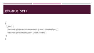 EXAMPLE: GET /



{
    "_links": {
        "http://rels.api.lab49.com/partnerships": { "href": "/partnerships" },
        "http://rels.api.lab49.com/users": { "href": "/users" }
    }
}
 