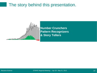 STRIPE Regional Meeting -- Apr 29 - May 01, 2013Mazama Science 14
Number Crunchers
Pattern Recognizers
& Story Tellers
The story behind this presentation.
 
