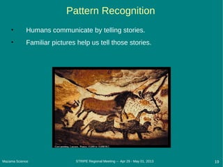 Mazama Science 19STRIPE Regional Meeting -- Apr 29 - May 01, 2013
Pattern Recognition
• Humans communicate by telling stories.
• Familiar pictures help us tell those stories.
 
