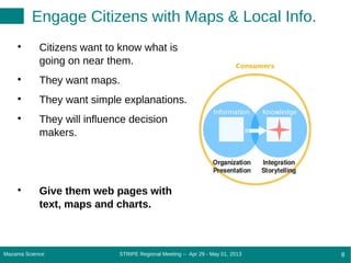 STRIPE Regional Meeting -- Apr 29 - May 01, 2013Mazama Science 8
Engage Citizens with Maps & Local Info.

Citizens want to know what is
going on near them.

They want maps.

They want simple explanations.

They will influence decision
makers.

Give them web pages with
text, maps and charts.
 