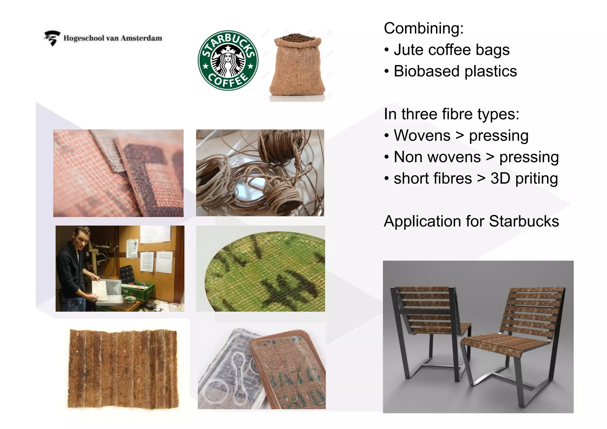 Combining:
• Jute coffee bags
• Biobased plastics
In three fibre types:
• Wovens > pressing
• Non wovens > pressing
• short fibres > 3D priting
Application for Starbucks
 